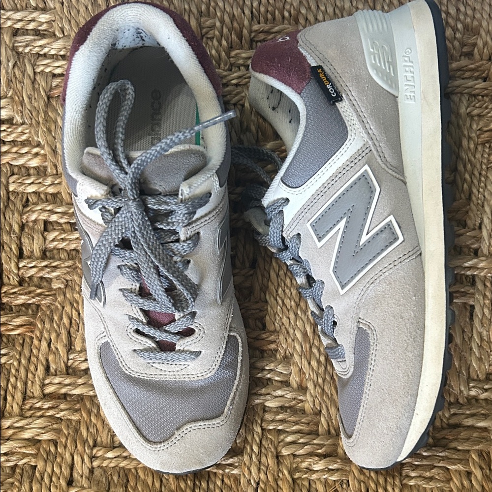 New Balance 574 Gray and Maroon Sneakers